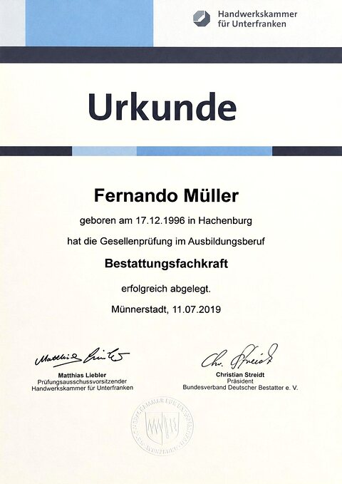 Urkunde Bestattungsfachkraft Fernando Müller