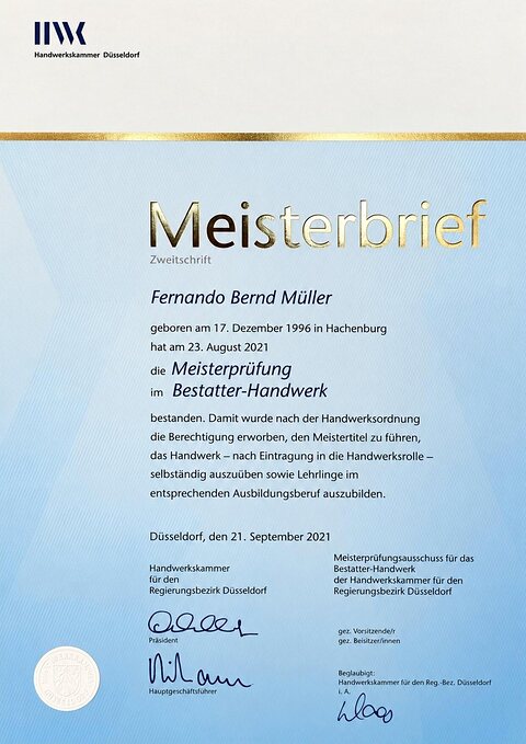 Meisterbrief von Fernando Bernd Müller im Bestatter-Handwerk