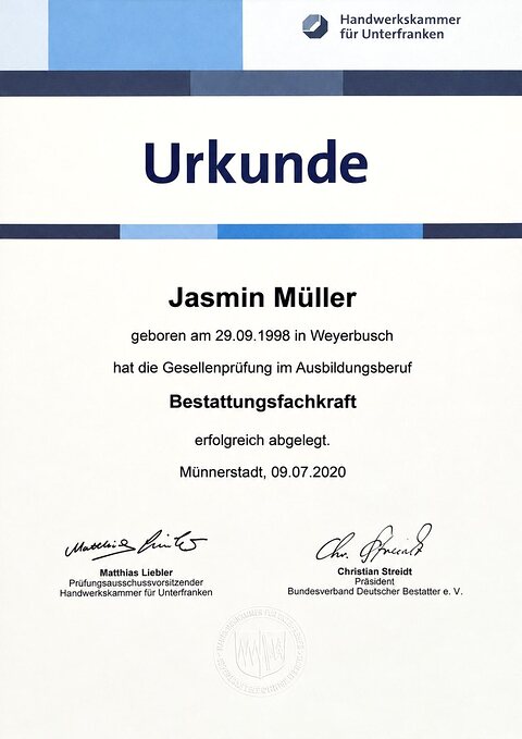 Urkunde Bestattungsfachkraft Jasmin Müller